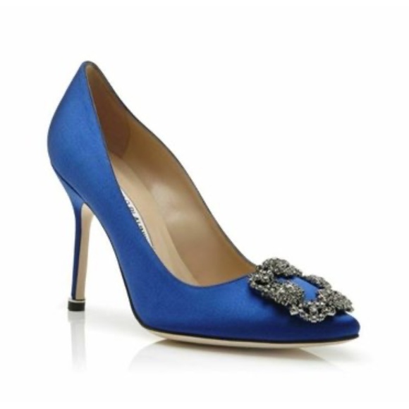 Authentic Manolo Blahnik Womens Shoes Pump Blue Satin Crystal Square Buckle 38.5